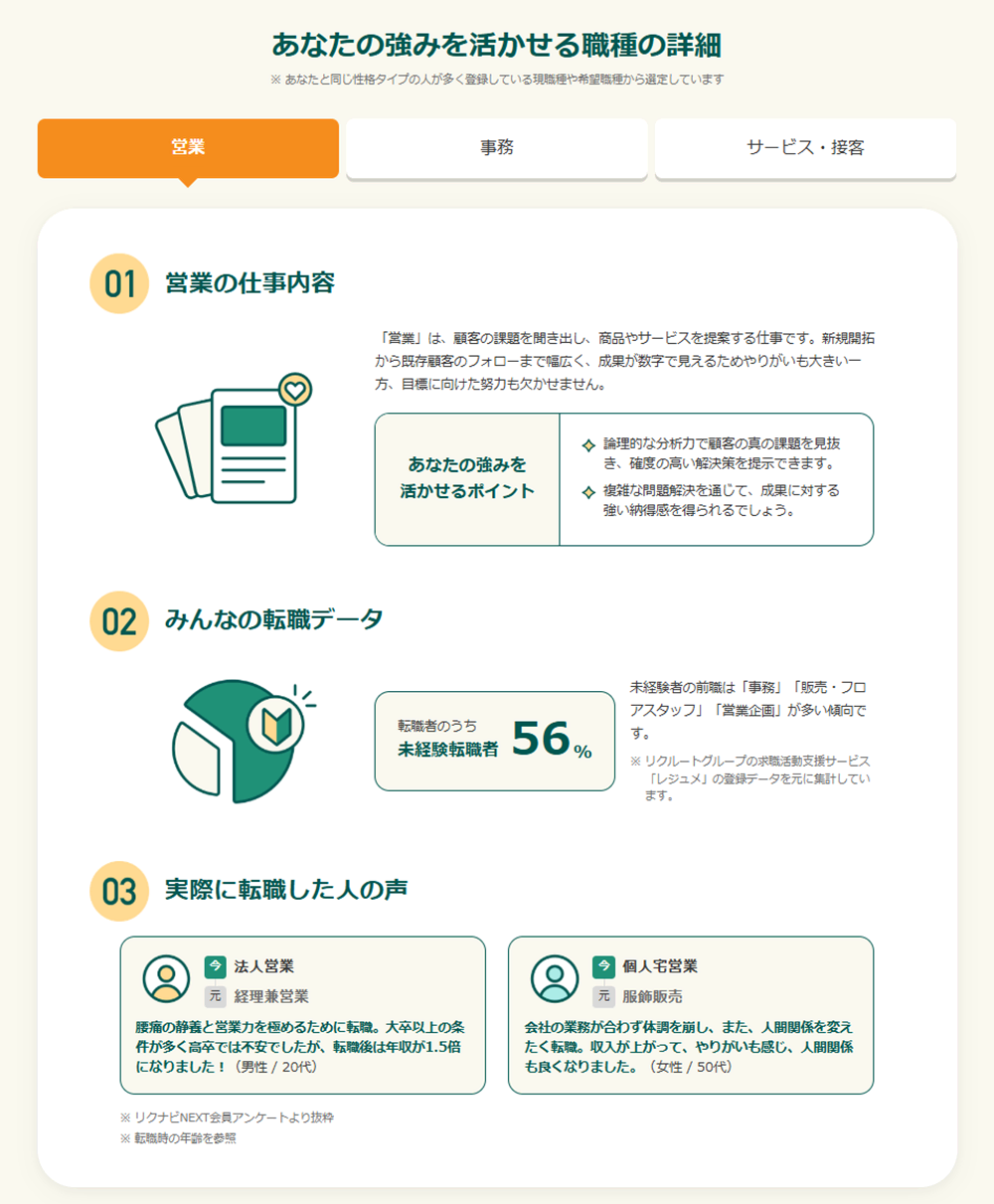 リクナビNEXT適職診断の結果画面 強みを活かせる職種の詳細